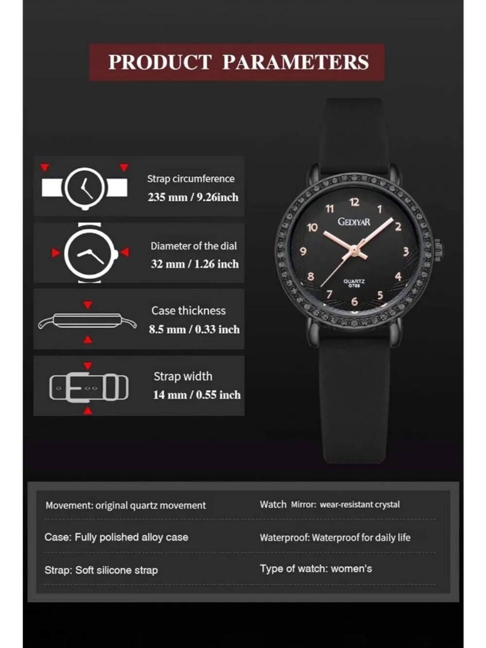 Women's All Black Analog Quartz Crystal Rhinestone Bezel Waterproof Wrist Watch
